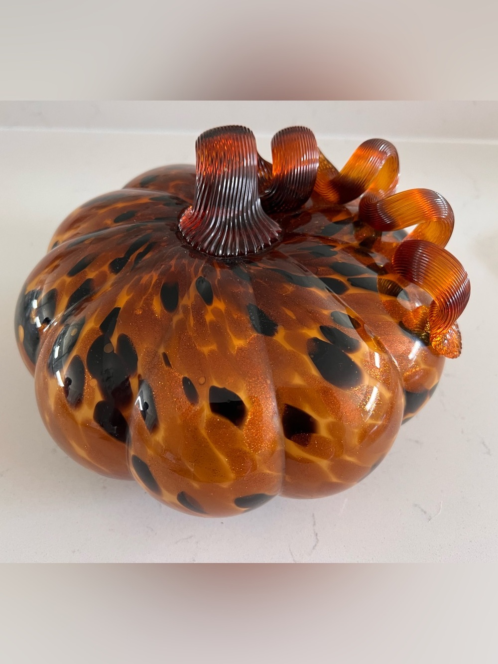 Blown Glass Pumpkin Sparkly Amber Brown Tortoiseshell - Curled Vine - Fall Decor